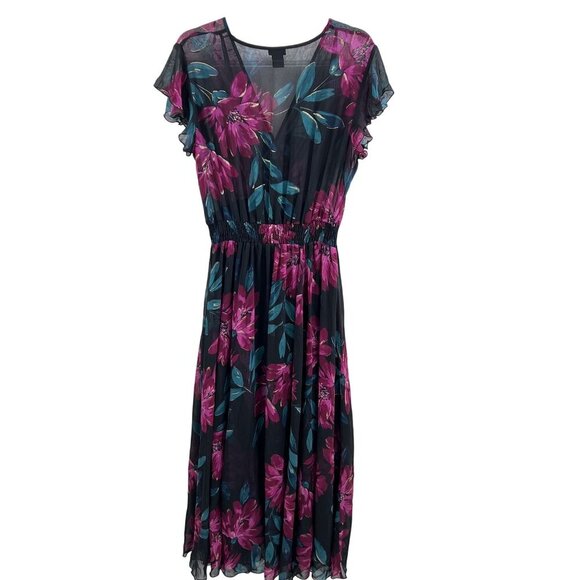 Anthropologie Kate & Lily 12 Ruffled Babydoll Floral Black Chiffon Smocked Dress - Picture 2 of 16